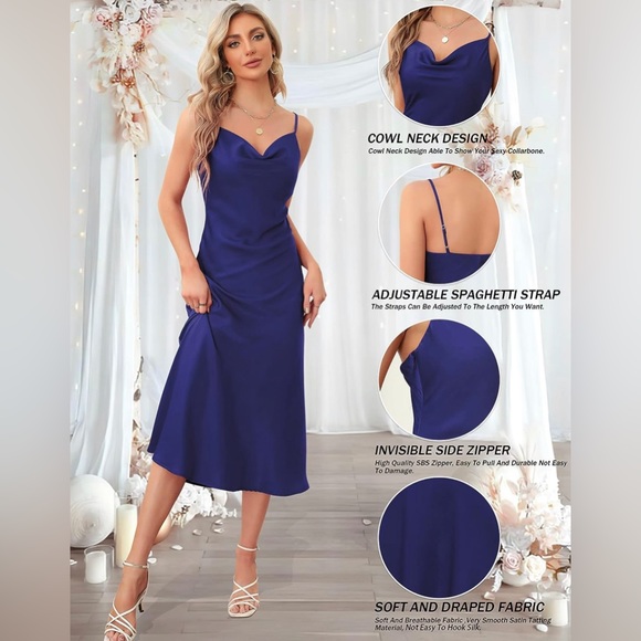 Drape Cowl-Neck Spaghetti-Strap Navy-Blue Midi Sexy backless Dress, NWT, M - Picture 3 of 10